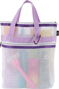 S&T INC. Mesh Shower Caddy, Shower Bag for Dorm Room Essentials, Gym Bag, Camping and More, Two Zippered Pockets, White and Purple, 10 Inches x 10 Inches