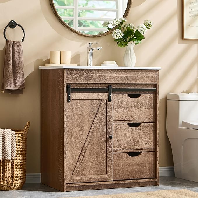 30" Farmhouse Bathroom Vanity with Ceramic Sink Combo, Freestanding Modern Bathroom Storage Vanity Cabinet w/Sliding Barn Door, 3 Drawers & Adjustable Shelves, Light Brown