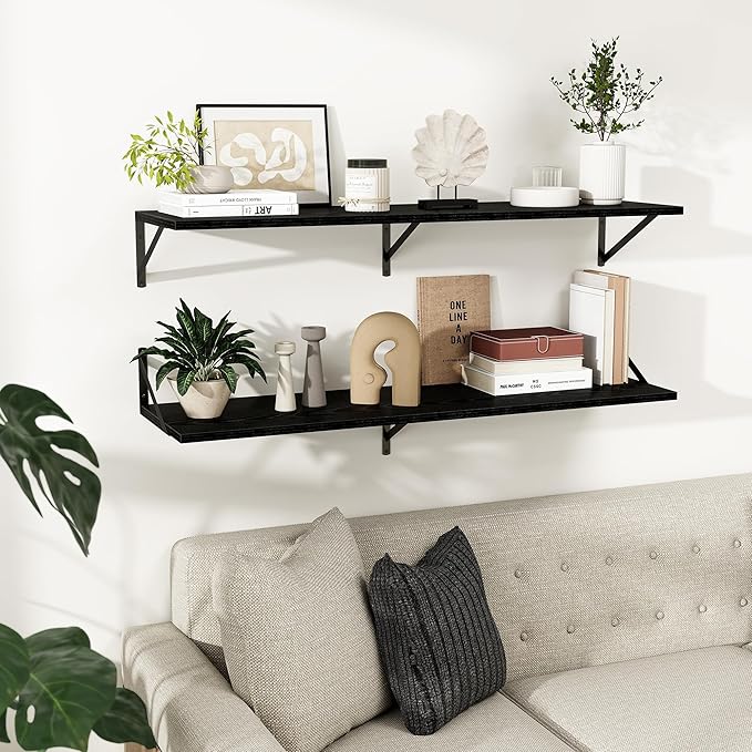 Dreamland Floating Shelves for Wall, 12 Inch Deep Floating Shelves Set of 2, 48W x 12D Large Wall Shelf with Sturdy Metal Brackets for Living Room, Bathroom, Bedroom and Kitchen, Black