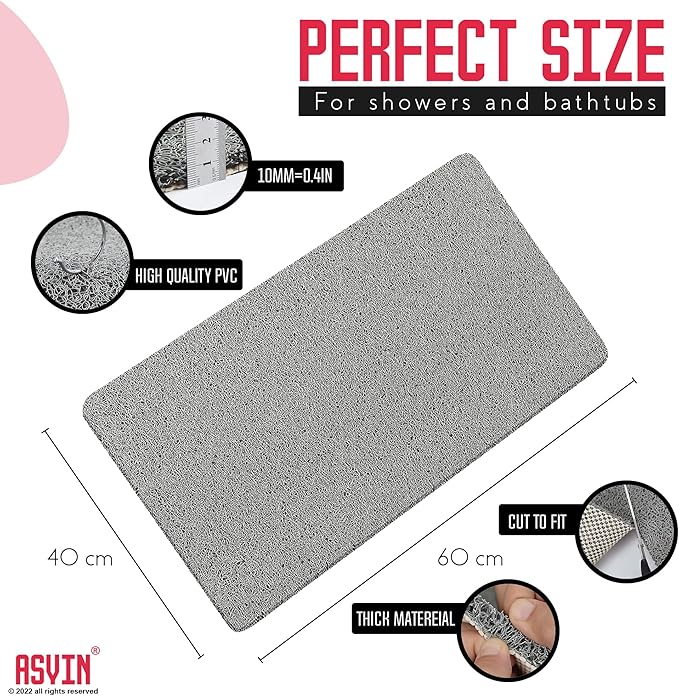 Asvin Soft Textured Bath, Shower, Tub Mat, 24x16 Inch Rectangular, Phthalate Free, Non Slip Comfort Bathtub Mats with Drain, PVC Loofah Bathroom Mat for Wet Areas, Quick Drying, Grey