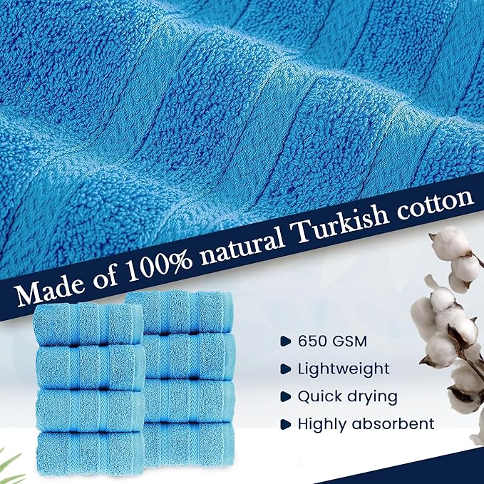 HALLEY Turkish 8 Pack Premium Washcloths (8 Pieces) 650 GSM Highly Absorbent Super Soft 100% Cotton - 8 Washcloths (Blue)
