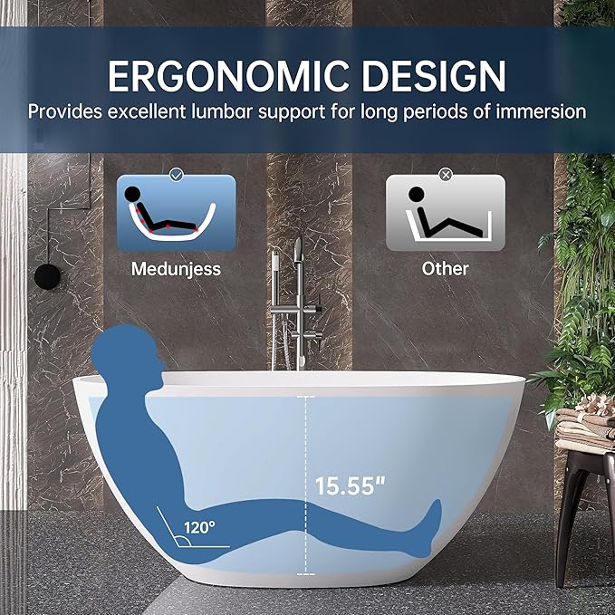 51" Stone Resin Freestanding Bathtub, Modern Oval Solid Surface Soaking Tub, Solid Surface Stand Alone Bathtub with Drain & Integrated Slotted Overflow Matte White AM303-1300