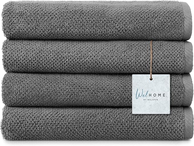 Welhome Franklin 100% Cotton Popcorn Textured Towel Set - 4 Pack Bath Towels, 600 GSM, Soft & Plush, Charcoal