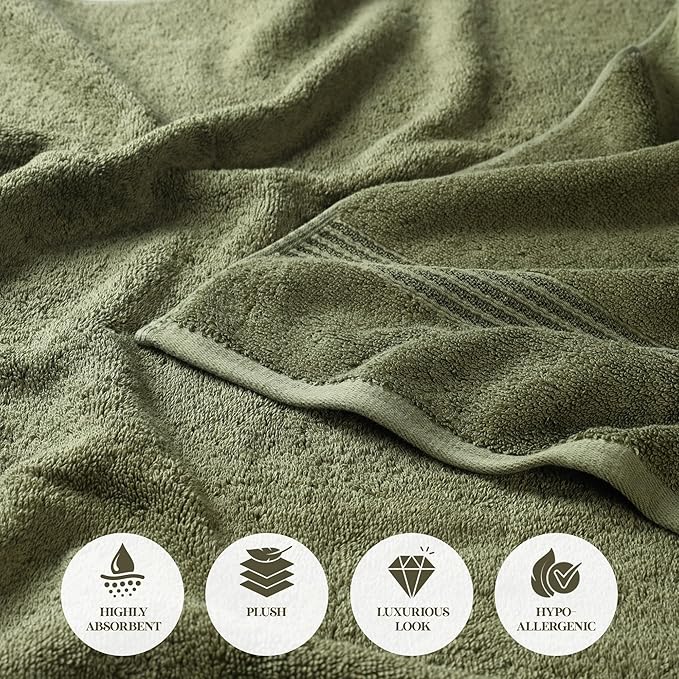 Superior Egyptian Cotton Bath Towel Set, Home Bathroom Towels, Master, Guest Bath, Decor Essentials, Quick Dry, Absorbent, Large Body Towels, Spa, Hotel, Resort, Adult, Kids, Set of 2, Forest Green