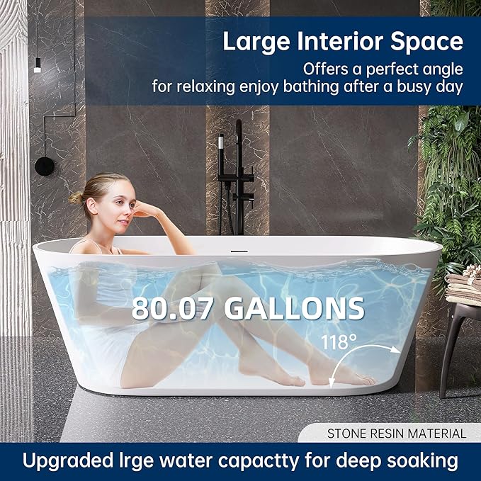 67'' Flatbottom Bathtub Solid Surface Freestanding Bathtub Matte Bathroom Soaking Bathtubs Resin Stone Oval Soak Tubs with Overflow and Pop-up Drain - White