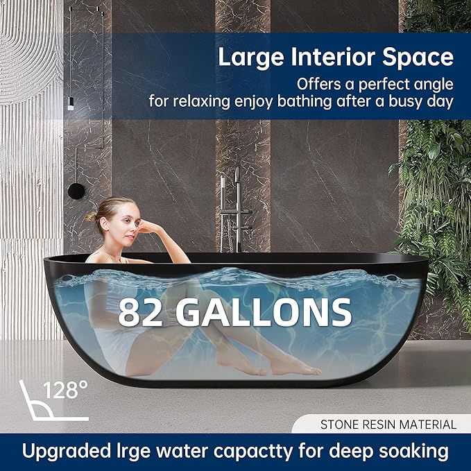 69" Stone Resin Freestanding Bathtub, Oval Solid Surface Bathroom Freestanding Tub, Thin Edge Stand Alone Tub with Integrated Slotted Overflow and Pop-up Drain, Matte Black AFS307-1750