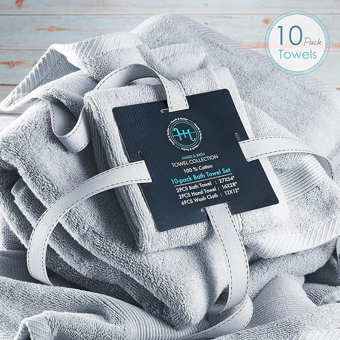 Hearth & Harbor Bath Towels for Bathroom - 100% Ring Spun Cotton Luxury Bathroom Towels - Ultra Soft & Highly Absorbent, Bath Towels Set of 10 - Ice Blue