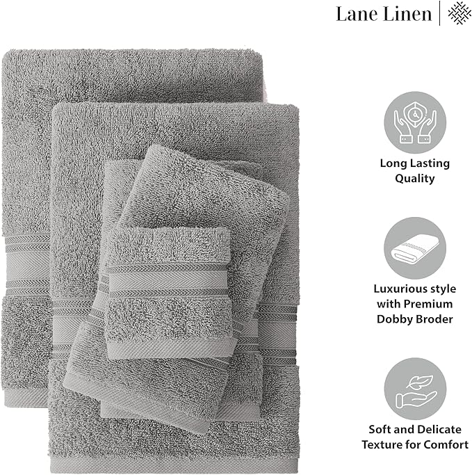 LANE LINEN Bath Towel Set of 12 – Premium 100% Cotton Mercerized, 4 Bath, 4 Hand & 4 Washcloth, Zero Twist Hotel Collection Towels Soft, Gentle on Body, Absorbent & Ideal for Everyday Use – Grey