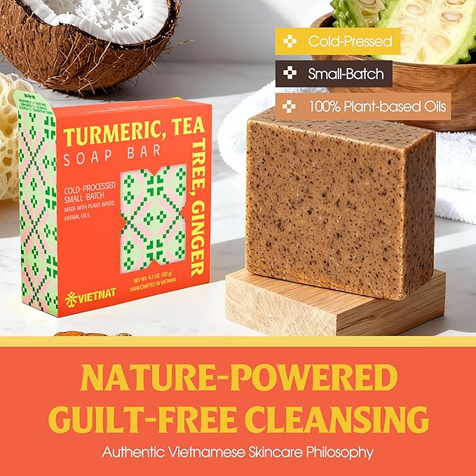 Turmeric, Tea Tree & Ginger Soap Bar (Pack of 5) – Cold Process Handmade Bar, 2-in-1 Cleansing & Invigorating Body Soap with Vietnamese Botanicals