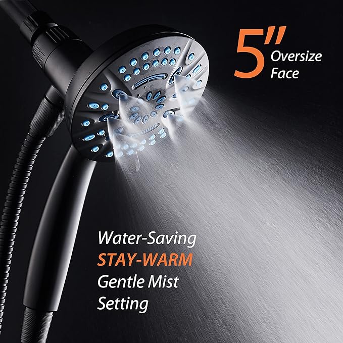 AquaCare Magneton High-Pressure 8-mode Handheld Shower Head with Magnetic Guidance Docking System - 2 Magnetic Brackets, 5 inch Face, Hygienic Jets, 6 ft. Stainless Steel Hose/Matte Black Finish
