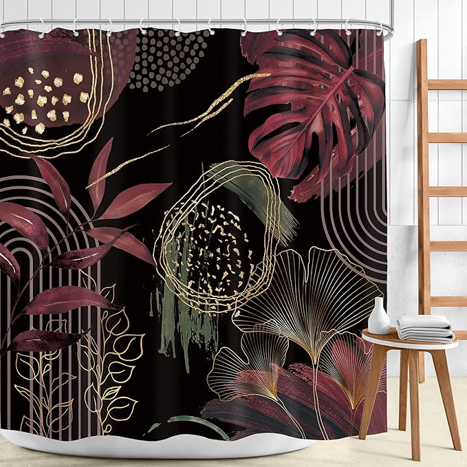 Black Burgundy Boho Shower Curtain 72Wx72H Mid Century Modern Abstract Minimalist Geometric Tropical Palm Leaves Plant Bathroom Decor Gold Arch Bath Curtain Fabric Polyester 12 Pack Hooks