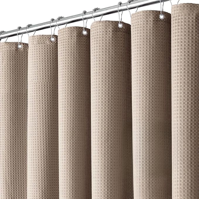 Inhousolu Fabric Shower Curtain Waffle Weave, 230 GSM Heavy Duty, Weighted Hem, 12 Metal Hooks, Water Repellent, Machine Washable, Hotel Spa Luxury Bath Curtain Set, 60 x 72 Inch, Beige