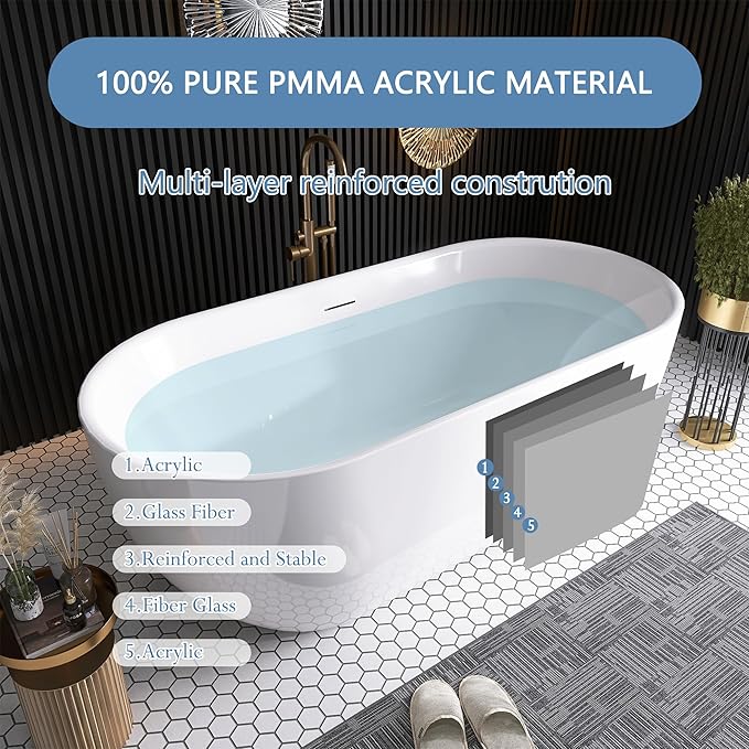 59" Free Standing Tub, Pure Acrylic Freestanding Bathtub, Stylish Stand Alone Contemporary Deep Soaking Bath Tub, cUPC Certified SY6850 (Glossy White)