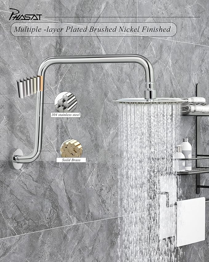 PHASAT 16 Inches Shower Arm Extension,S shaped Shower Arm with Flange,304 Stainless Steel High Rise Shower Head Arm Chrome,PU9D01-M