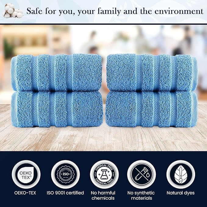 HALLEY Turkish 4 Pack Premium Hand Towels (4 Pieces) 650 GSM Highly Absorbent Super Soft 100% Cotton - 4 Hand Towels (Blue)