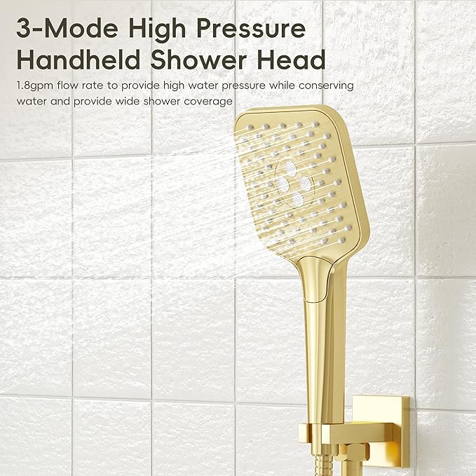 Gabrylly Shower System with Tub Spout, Wall Mounted Shower Faucet Set for Bathroom with High Pressure 10" Rain Shower head and 3-Setting Handheld Shower Head Set,Brushed Gold