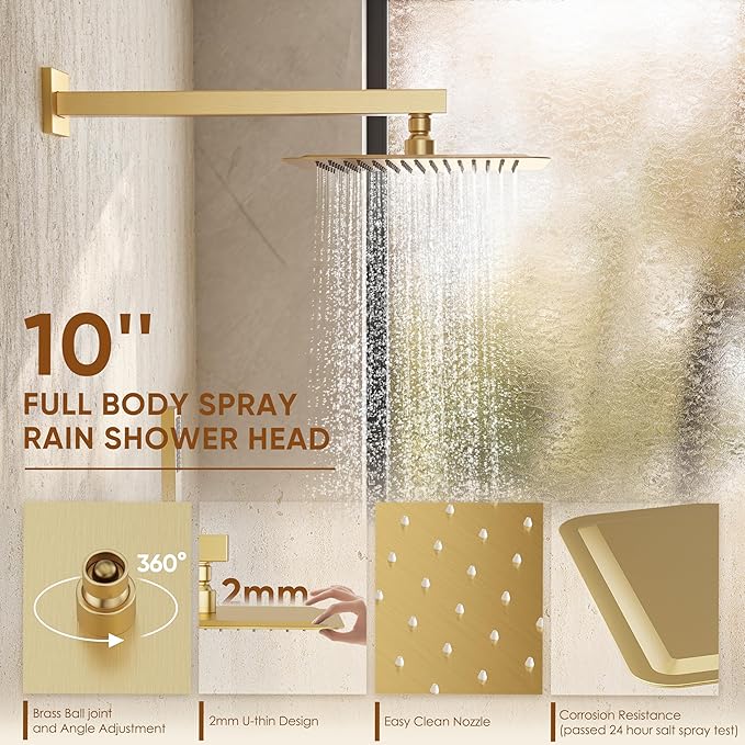 Shower System with Tub Spout, All Metal Tub Shower Faucet Set with 10-Inch Rain Shower Head and Handheld Spray combo, Wall Mounted Shower Combo Set with shower valve and Trim kit,Brushed Gold