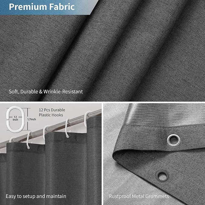 2-in-1 Waterproof Extra Long Fabric Shower Curtain or Liner,Linen Textured,84 Inch Breathable TPU & Washable Bathroom Shower Curtain Set with 12 Plastic Hooks,Modern,72"x84" Charcoalgrey
