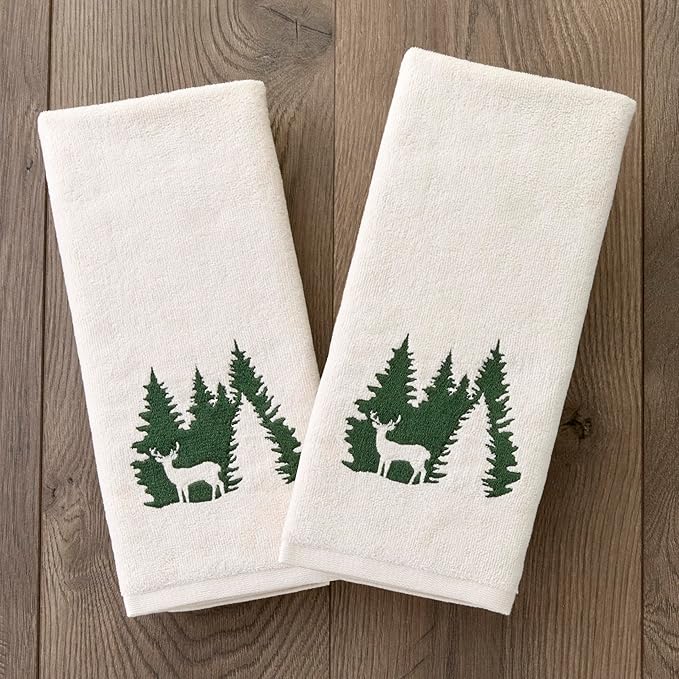 SKL Home Christmas/Winter Deer Spruce 100% Cotton Embroidered 2pc Hand Towel Set, Decorative for Bath/Kitchen/Bar, Natural