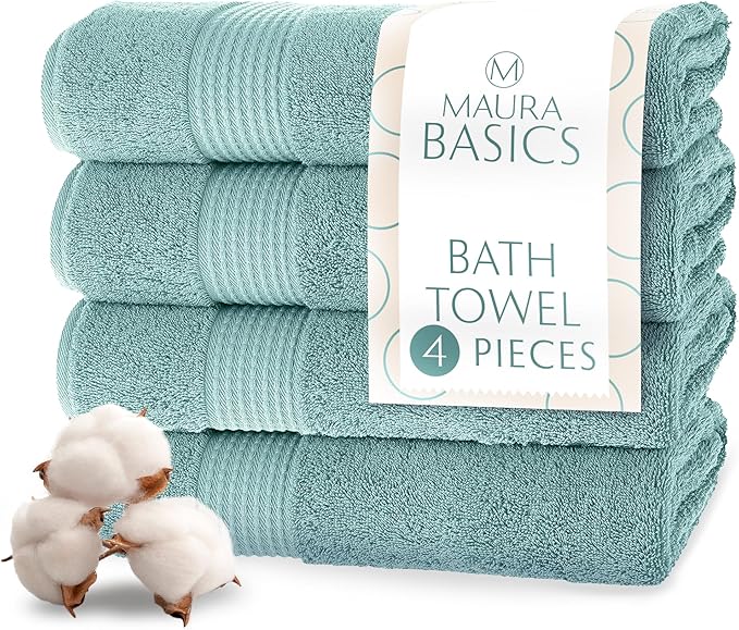 MAURA Basics Performance Bath Towels 100% Turkish Cotton with Hook Loops. Extra Large Luxury Absorbent Plush Towel Sets for Bathroom, Daily Use American Standard Size 27”x54”,Seafoam