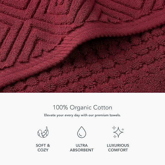 Texere 100% Organic Cotton Diamond Jacquard 700 GSM Luxury Bath Towel Sets - Ultra Soft and Absorbent Hotel and Spa Quality (Diamond, Merlot, 2 Bath & 2 Hand Towels)