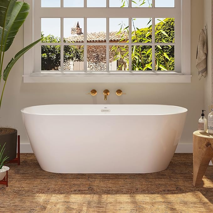 FerdY Nauru 67" Acrylic Freestanding Bathtub, Ergonomic Lightweight Classic Oval Soaking Bathtub with Toe-Tap Chrome Drain, Classic Slotted Overflow, Glossy White
