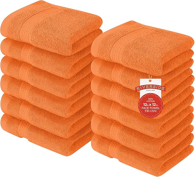RIVERSIDE 12 Pack Premium 100% Cotton Face Washcloths, 550 GSM, 12 x 12 Inches, Soft, Absorbent Towels for Body & Shower, Bathroom Wash Clothes, Durable Face Towels Set for Spa, Gym, Orange