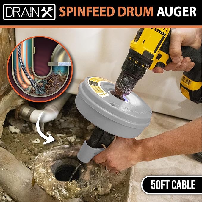 DrainX SPINFEED 50 Foot Drum Auger | Use Manually or Drill Powered - Auto Extend and Retract Plumbing Snake | Work Gloves and Storage Bag Included