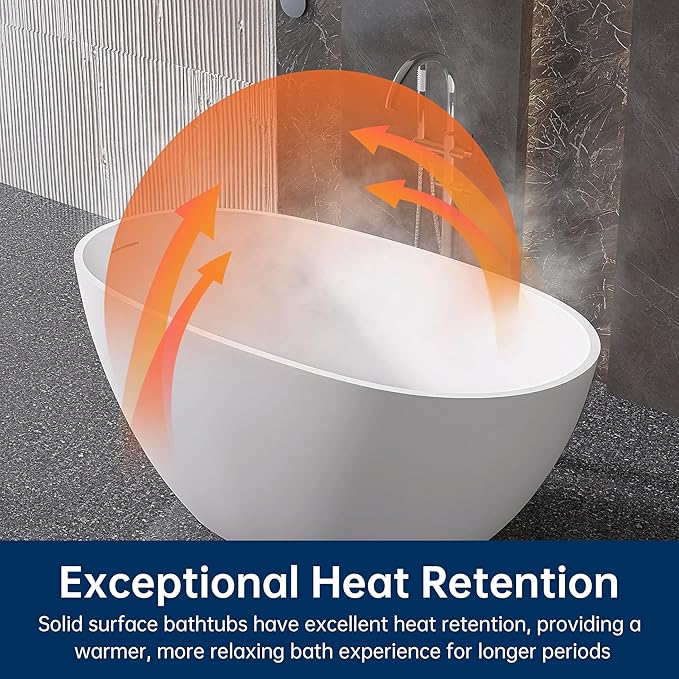 51" Stone Resin Freestanding Bathtub, Modern Oval Solid Surface Soaking Tub, Solid Surface Stand Alone Bathtub with Drain & Integrated Slotted Overflow Matte White AM303-1300