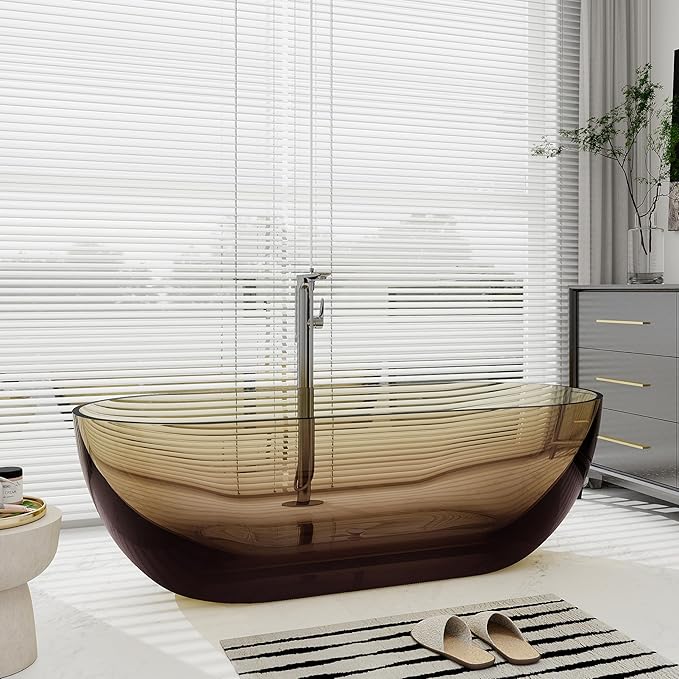 SJ STAR&JANE 69" Solid Surface Freestanding Bathtub Stone Resin Oval Soaking Tub Stand Alone Tub with Pop-up Drain Transparent Sepia