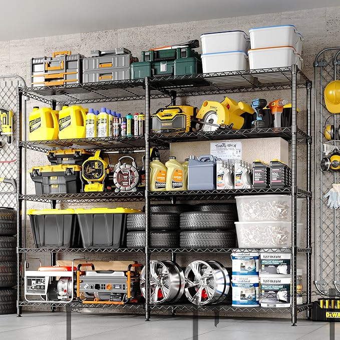 5-Tier Metal Storage Shelves, Adjustable Wire Shelving Unit for Garage, Pantry, Basement & Kitchen, Heavy-Duty Shelf Organizer with Double-Row Design, 59" w x 13.8" d x 70.5" h, 265 Lbs Per Tier