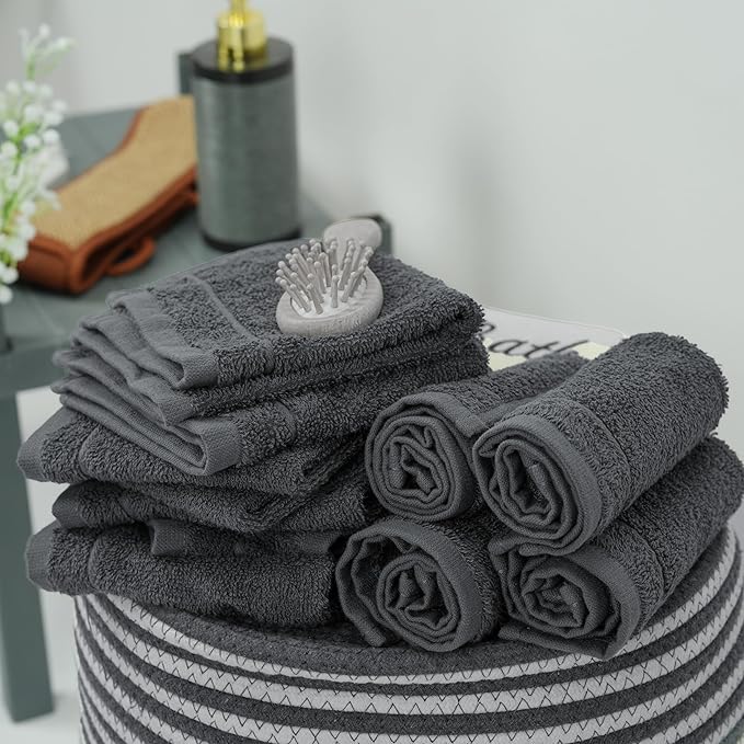 Tens Towels Pack of 24 Washcloths, 12 x 12 Inches, Lighter Weight, Quick to Dry, Super Soft & Absorbent, Gentle Face Towels, Hotel Quality, Perfect for Bathroom, Gym, Spa (Dark Grey, 24 Pack)