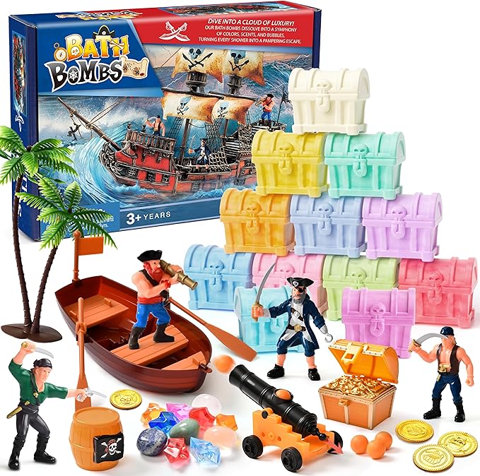 Bath Bombs for Kids with Diving Gem Toys Inside, 12 Pack Treasure Chest Bath Bombs with Surprise Pirate Accessories Pretend Playset, Handmade Bubble Bath Fizzies Birthday Christmas Gift Set