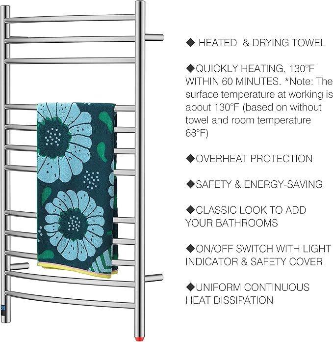 HEATGENE Electric Towel Warmer with Built-in Timer & Temperature Control, Wall-Mounted 12-Bar Large Towel Rack, Plug-in/Hardwired Heated Towel Rail for Bathroom - Brushed