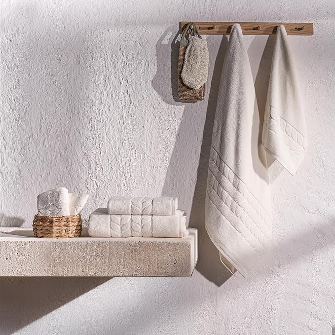 BAGNO MILANO Organic Turkish Cotton Bath Towels, Luxury Jacquard Collection, Certified Organic Highly Absorbent, Soft-Plush Towel Set (Cream, 2 Pcs Bath Towel Set)