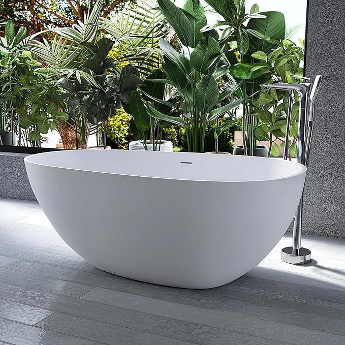 59" Stone Resin Freestanding Bathtub, Oval Solid Surface Bathroom Freestanding Tub, Thin Edge Stand Alone Tub with Integrated Slotted Overflow and Pop-up Drain, Matte White 302-150