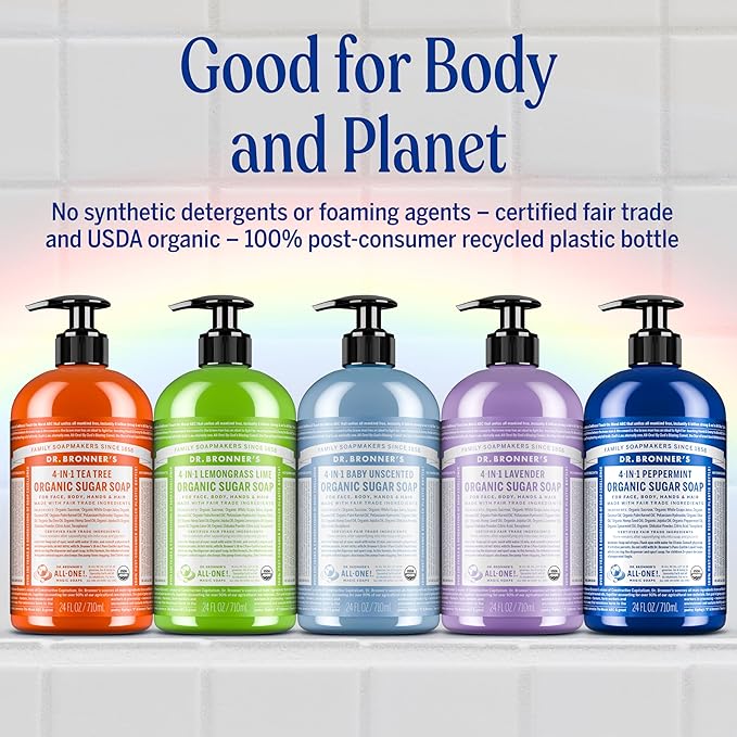 Dr. Bronner's - Organic Sugar Soap (Tea Tree, 64 Ounce) - Made with Organic Oils, Sugar and Shikakai Powder, 4-in-1 Uses: Hands, Body, Face and Hair, Cleanses, Moisturizes and Nourishes, Vegan