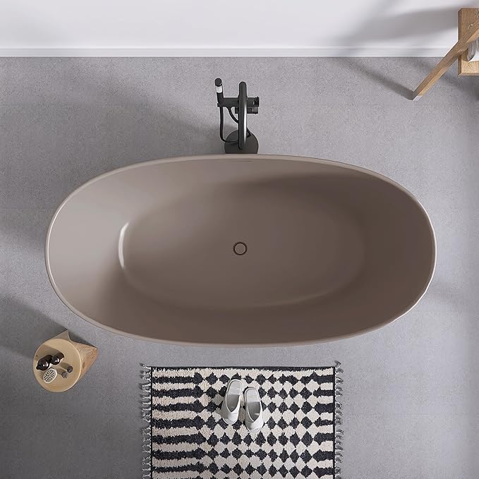 SJ STAR&JANE 65" Solid Surface Freestanding Bathtub Stone Resin Soaking Tub Gray Coffee Double Slippers Stand Alone Oval Tub with Pop-up Drain and Overflow for Bathroom
