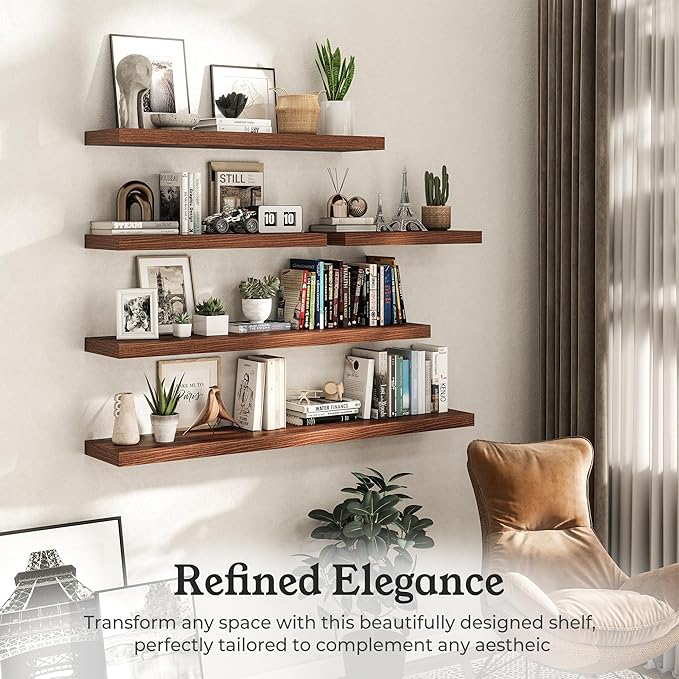 Floating Shelves for Wall, 9.3" Deep Wall Mounted Wood Shelves for Bathroom, Bedroom, Living Room, Kitchen, Hanging Shelf for Books/Storage/Room Decor (Walnut, 24")