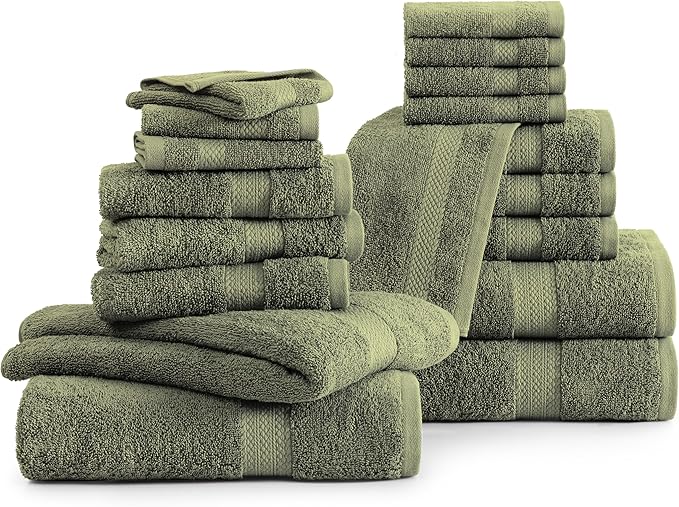 LANE LINEN 100% Cotton Luxury Towel Set for Bathroom - 18 Pieces, Ring Spun - Plush, Soft & Highly Absorbent - 4 Shower Towels, 8 Washcloths, 6 Hand Towels - Complete Bathroom Towel Set - Oil Green