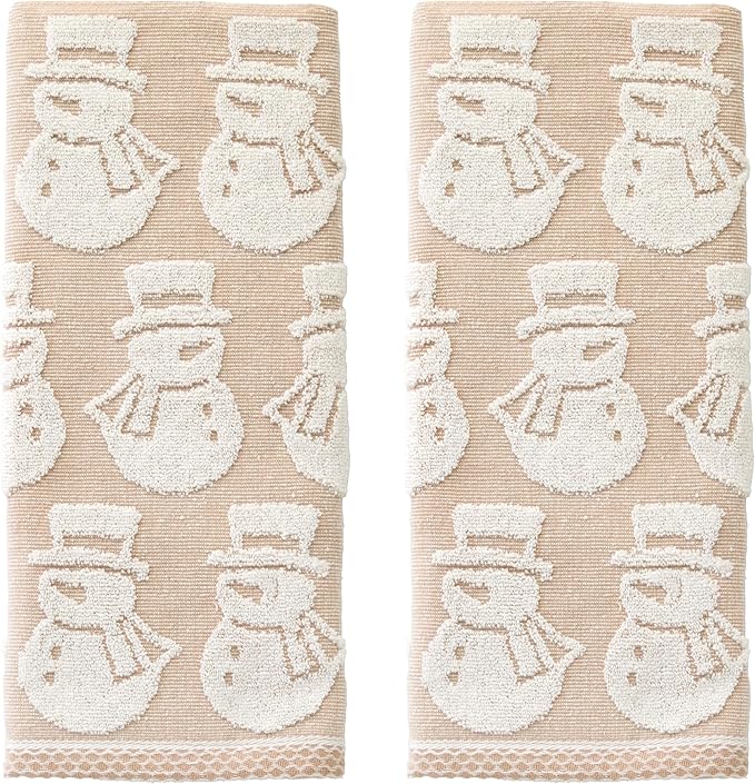 SKL Home Christmas/Winter Snowman Jacquard 100% Cotton Reversible 2pc Hand Towel Set, Soft & Absorbent, Decorative for Bath/Kitchen/Bar & Gift, Tan