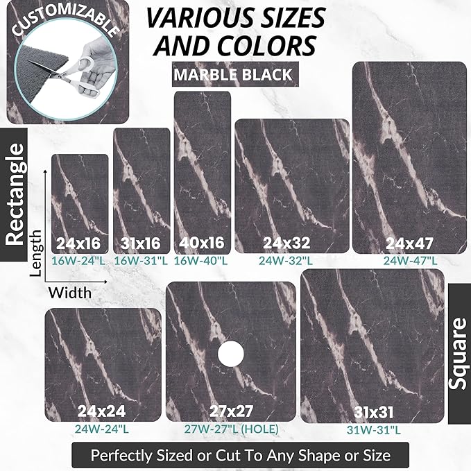 Enkosi Loofah Shower Mat with Drain Hole – Cushioned Anti-Slip Square Bath Mat for Showers, Wet Bathroom Floors – Textured PVC, Secure Non Slip Safety Pad for Walk-in Stalls (27x27 Marble Black)