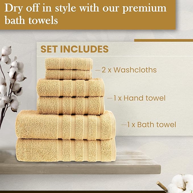 HALLEY Turkish Towels Set (6 Pieces) 650 GSM Highly Absorbent Super Soft 100% Cotton - 2 Bath Towels, 2 Hand Towels 2 Washcloths (Yellow)