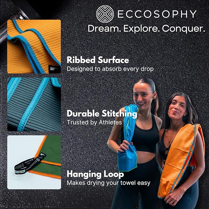 ECCOSOPHY Microfiber Beach Towel – Quick Dry Gym Towel, Highly Absorbent with Ribbed Texture, Lightweight – Ideal for Travel, Pool, Yoga, Fitness & Outdoor Adventures – 40x20 Black