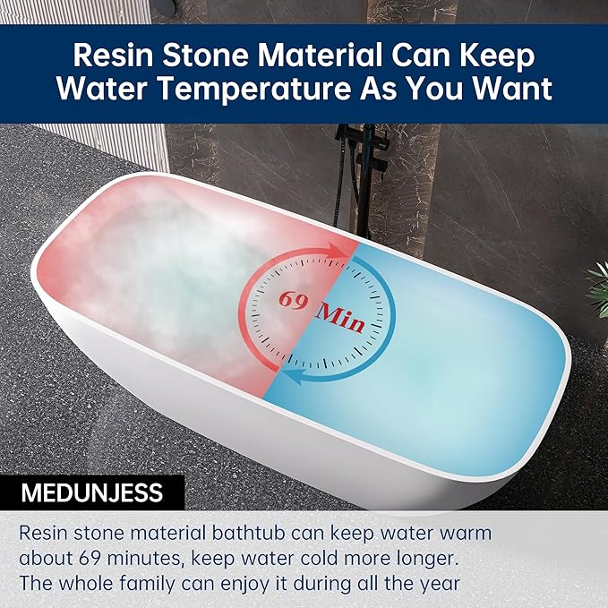 67'' Freestanding Bathtub Resin Stone Deep Soaking Tubs Solid Surface Matte Tub with Overflow and Pop-up Drain