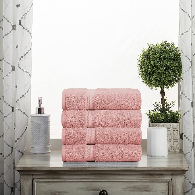BLUENILEMILLS BNM Egyptian Cotton 4-Piece Towel Set, Includes 4 Hand Towels, Attached Loop for Easy Hanging and Storage, Hotel Quality, Perfect for Bathroom, Gym, Shower Space, or Spa, Tea Rose