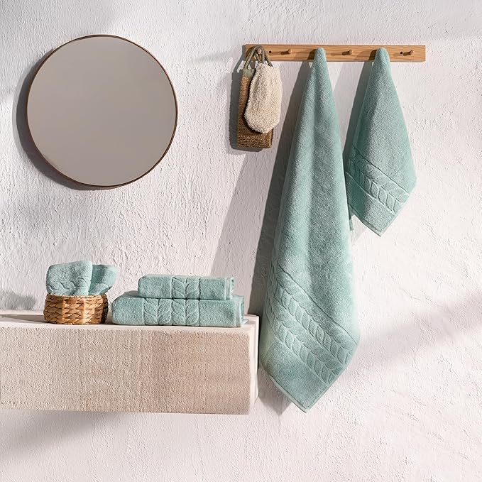 BAGNO MILANO Organic Turkish Cotton Bath Towels, Luxury Jacquard Collection, Certified Organic Highly Absorbent, Soft-Plush Towel Set (Mint, 4 Pcs Hand Towel Set)