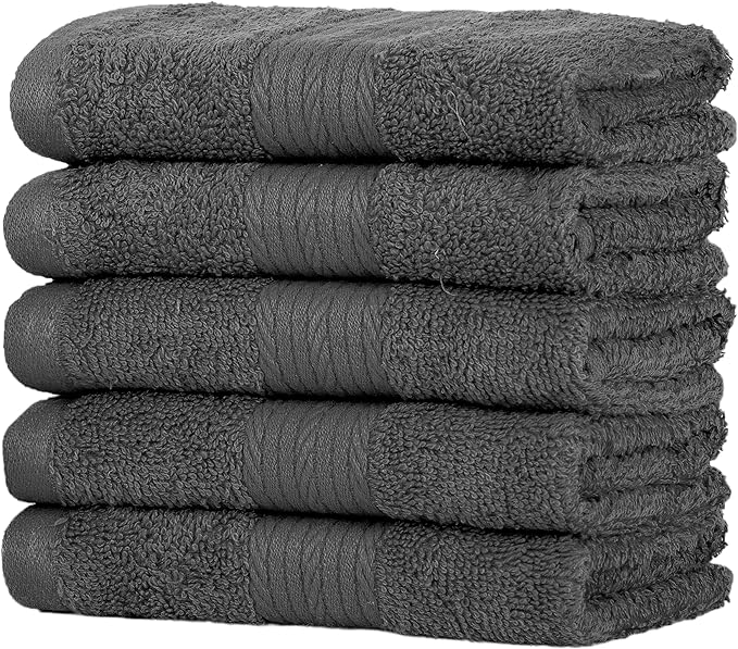 Ample Decor Washcloths Pack of 5 12 X 12 Inch, 600 GSM 100% Cotton Soft Absorbent, Premium Quality Durable Ideal for Bathroom, Pool, Hotel, Spa - Grey