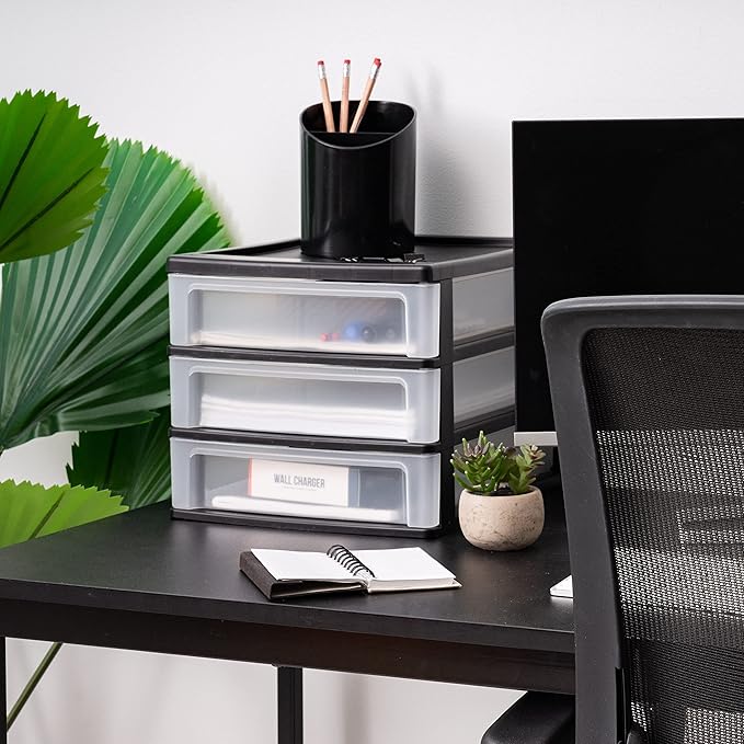 IRIS USA Plastic Stacking Desk Top 3-Drawer Storage Organizer, 1-Pack, for Makeup Vanity Nail Polish Bathroom Stationery Art Craft Supplies Kitchen Office Garage and Small Organization, Medium, Black