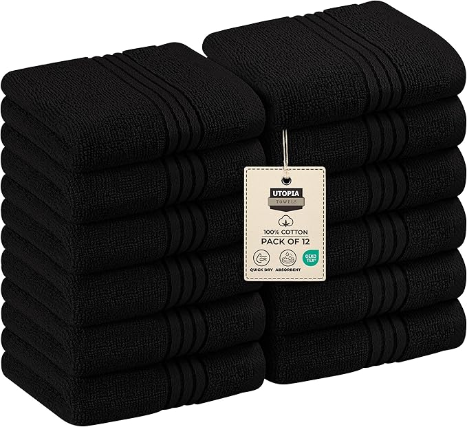 Utopia Towels 12 Pack Premium Wash Cloths Set, 12 by 12 Inches, 100% Cotton Ring Spun, Highly Absorbent and Soft Feel Washcloths for Bathroom, Spa, Gym, and Face, Black